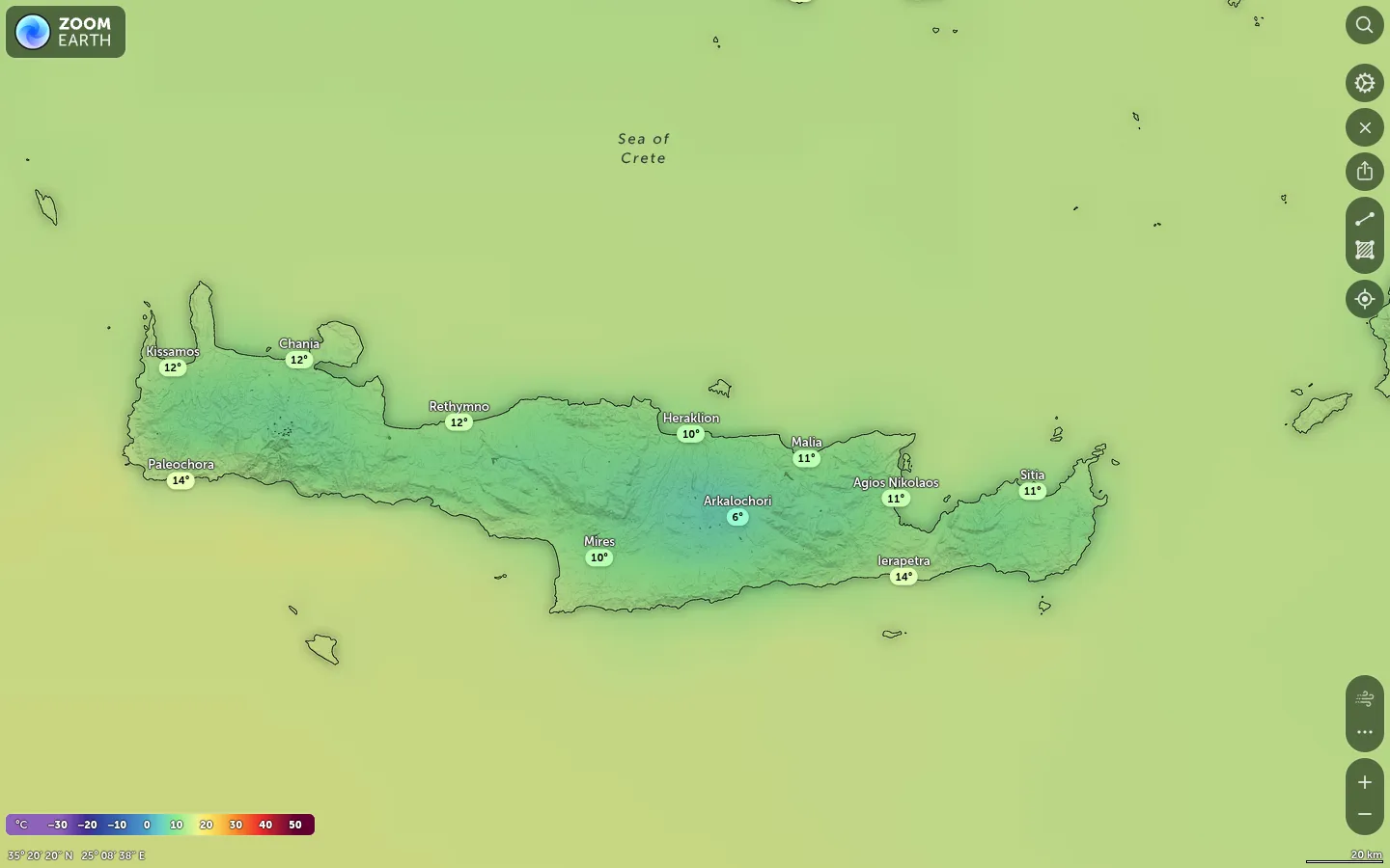 Χάρτης θερμοκρασίας Ηράκλειο καιρός
