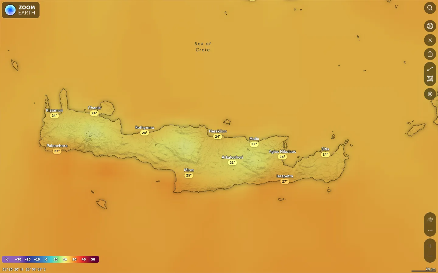 Χάρτης θερμοκρασίας Ηράκλειο καιρός
