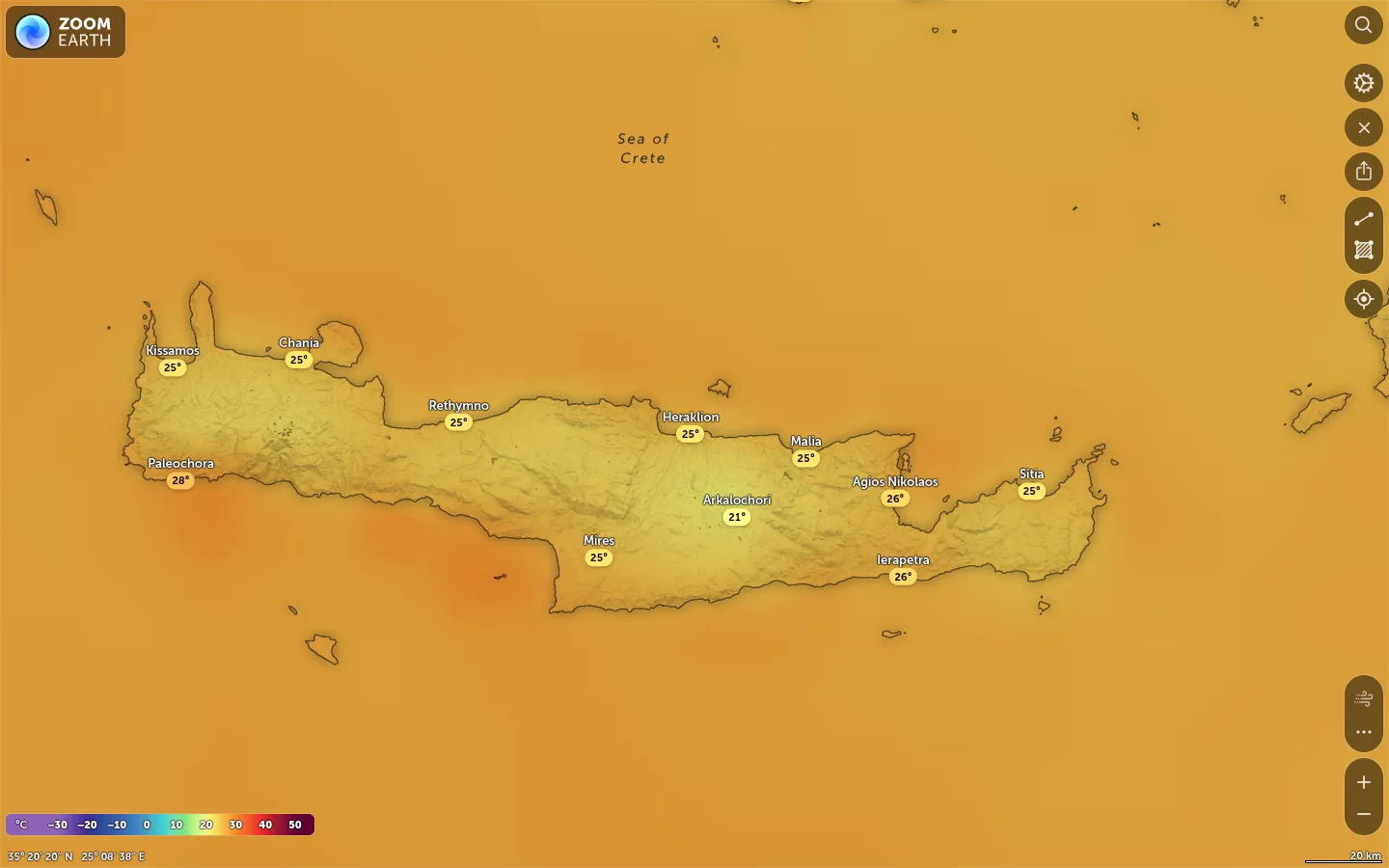 Χάρτης θερμοκρασίας Ηράκλειο καιρός