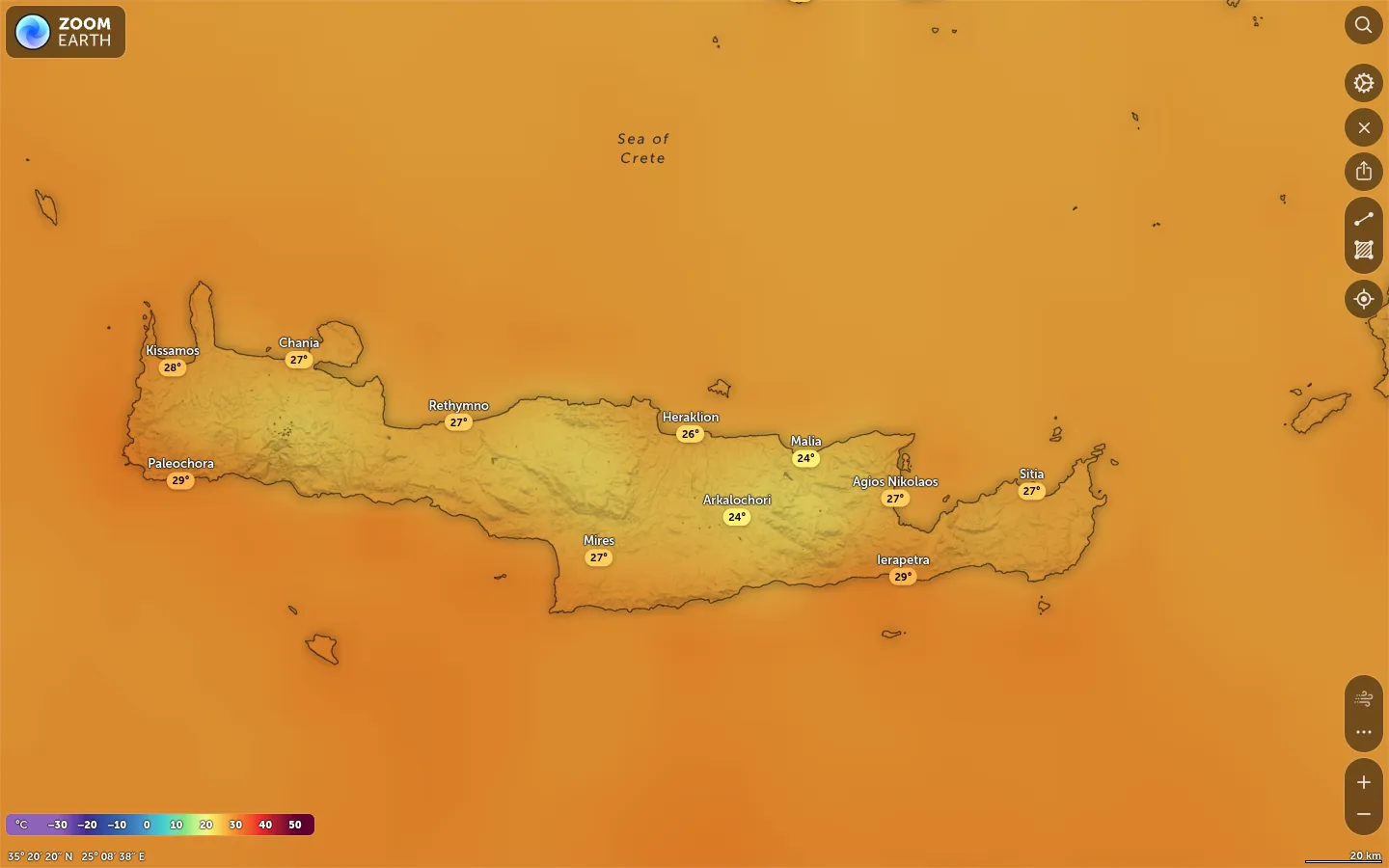 Χάρτης θερμοκρασίας Ηράκλειο καιρός