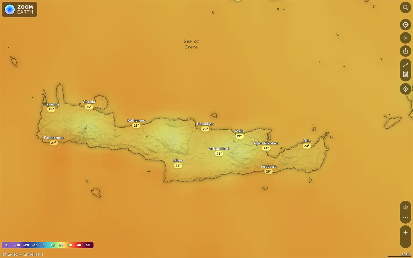 Χάρτης θερμοκρασίας Ηράκλειο καιρός